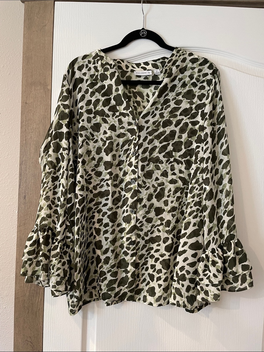 Susan Graver Olive and Cream Leopard-Print Ruffle-Sleeve Blouse